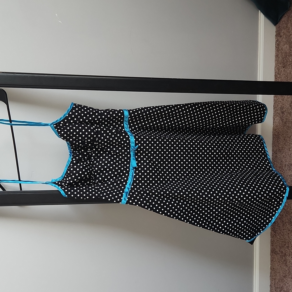 50’s dress, black and white polka dot with teal blue details, emo goth dress